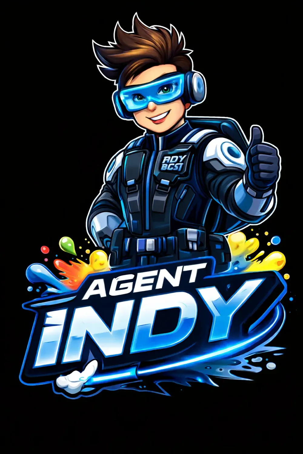 Illustrated Indy Blast mascot leading a corporate laser tag team-building mission
