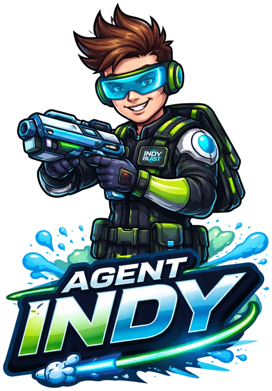 Agent Indy, the Indy Blast mascot, holding a Gel Blaster