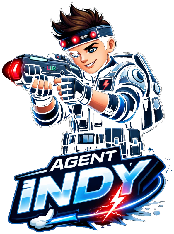 Agent Indy, the Indy Blast mascot, aiming a Falcon LUX laser tag blaster